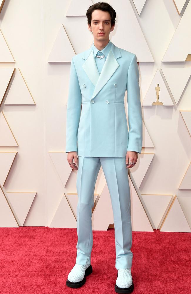 Into the blue! Australian Oscar nominee Kodi Smit-McPhee, styled by Jared Eng. Picture: AFP