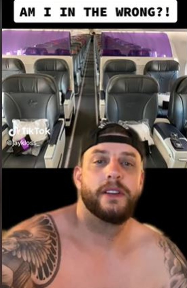 Aussie man Jay Kloss asked a passenger if he could swap seats with him so he could sit next to his partner – but the passenger refused. Picture: TikTok/jaykloss_