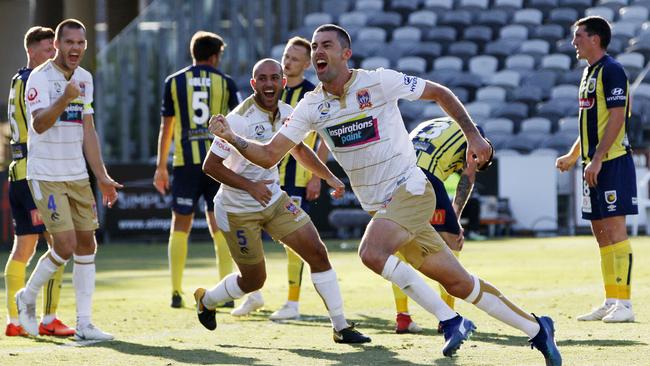 Newcastle’s Jason Hoffman scores a second half goal a Central Coast Stadium