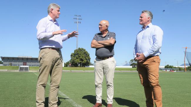 Tourism and Sport Minister Stirling Hinchliffe, Cairns Mayor Bob Manning and Cairns MP Michael Healy announced a $4m lighting upgrade for Barlow Park in July 2022, but works have not started. Picture: Peter Carruthers