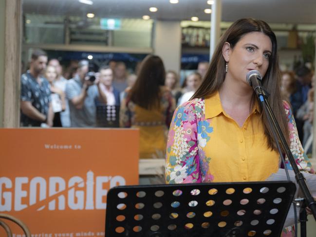 Board member of Georgie's House, Kylie Clark, speaks at the launch at Avalon Beach on Saturday. Picture: Mark Watson