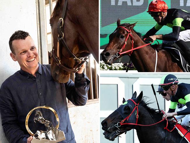 Trainer Joe Pride still hopes to have 2023 The Everest winner Think About It (top right) and star sprinter-miler Private Eye in the field for this year's race. Pictures: File