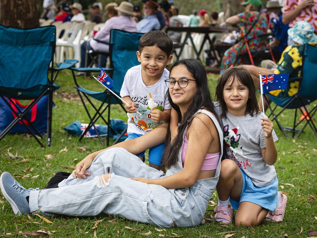 Ariane Pereira with her kids Dominick and Raphy Pereira at Toowoomba Australia Day celebrations at Picnic Point, Sunday, January 26, 2025. Picture: Kevin Farmer