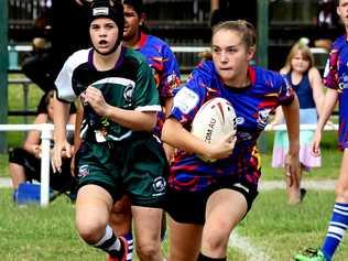 IN ACTION: Dakota Friske takes the ball downfield for her South Burnett side during a match against Fraser Coast. Valleys Rugby League Club will play host to an under-12 girls come and try event on Wednesday February 28. Picture: Valerie Horton