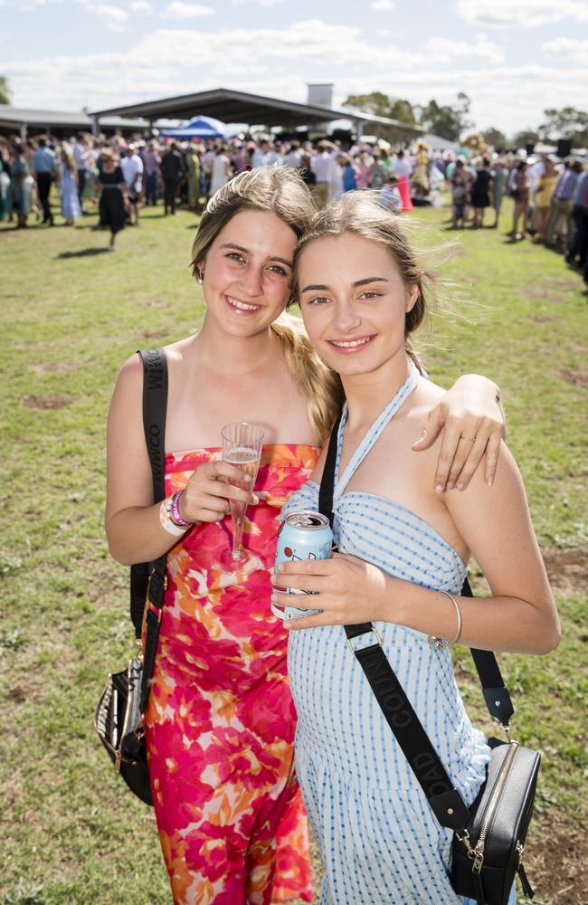 Lucy Roberts (left) and Frances Cattle at the Clifton Races hosted by Clifton Jockey Club, Saturday, October 28, 2023. Picture: Kevin Farmer