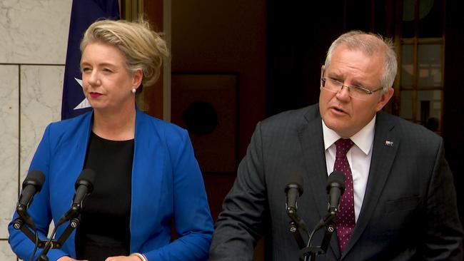 ­Nationals deputy leader Bridget McKenzie and Prime Minister Scott Morrison speaking to the media earlier this month. Picture: AAP