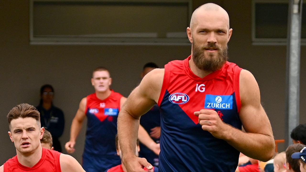 MELBOURNE, AUSTRALIA - FEBRUARY 18: Max Gawn of the Demons takes to the field ahead of an AFL practice match between Melbourne Demons and Richmond Tigers at Casey Fields on February 18, 2024 in Melbourne, Australia. (Photo by Morgan Hancock/Getty Images)