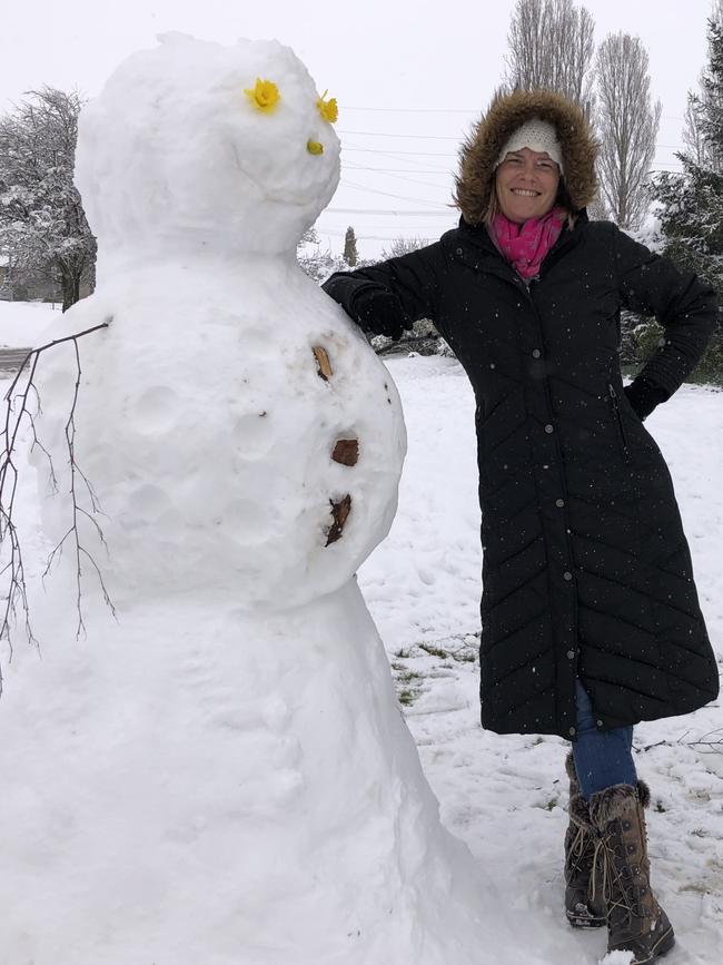 Michelle Carpenter with Oberon’s six-foot snowman. Picture Grant Turner