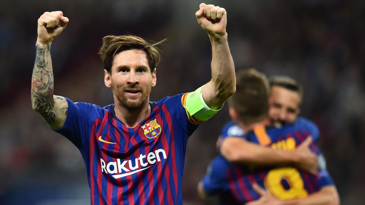Barcelona's Argentinian striker Lionel Messi celebrates