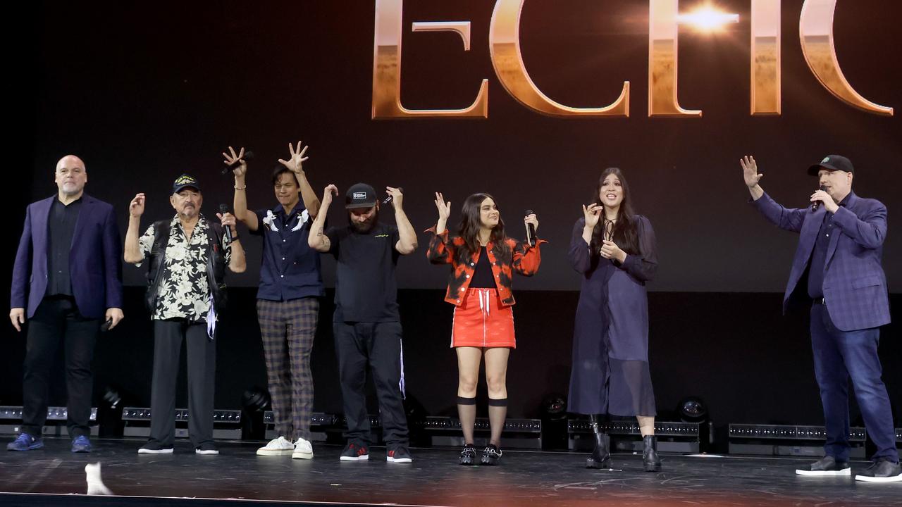 Vincent D'Onofrio, Graham Greene, Chaske Spencer, Cody Lightning, Devery Jacobs, Alaqua Cox and Kevin Feige, president of Marvel Studios and chief creative officer of Marvel, speak onstage during D23 Expo 2022 at Anaheim Convention Center in Anaheim, California, on September 10, 2022. Picture: Jesse Grant/Getty Images for Disney