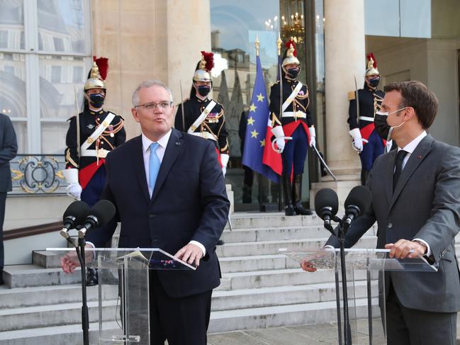 Prime Minister Scott Morrison holds a joint media conference with French President Emmanuel Macron. Picture: Adam Taylor/PMO