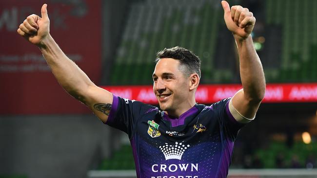 Billy Slater of the Storm reacts after winning a game.