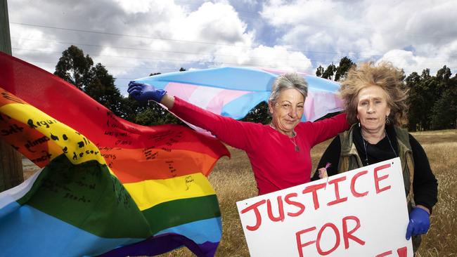 Rosemary Harwood (the mother of Marjorie Harwood, a trans woman who was raped at Risdon Prison and died soon after her release) and Martine Delaney outside Risdon Prison. Picture Chris Kidd