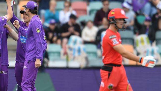 HOBART, AUSTRALIA - DECEMBER 19: Scott Boland of the Hurricanes celebrates the wicket of during Jake Fraser-McGurk of the Renegades the Big Bash League match between the Hobart Hurricanes and Melbourne Renegades at Blundstone Arena, on December 19, 2020, in Hobart, Australia. (Photo by Steve Bell/Getty Images)