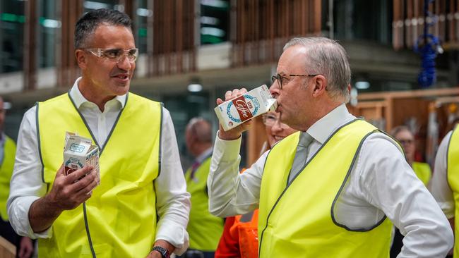 ADELAIDE, AUSTRALIA - MAY 01: Prime Minister Anthony Albanese drinks a carton of iced coffee flavoured milk with South Australia's Premier Peter Malinauskas, while visiting a TAFE in Tonsley, in the electorate of Boothby, on May 01, 2025 in Adelaide, Australia. Australia will hold a federal election on May 3. (Photo by Asanka Ratnayake/Getty Images)