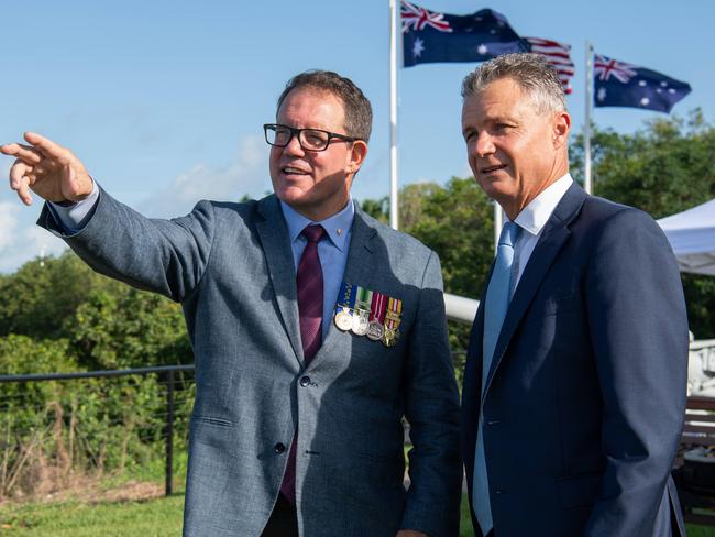 Luke Gosling and Matt Thistlethwaite as Australians, Americans and Japanese gather before the USS Peary Memorial, Darwin Esplanade, to commemorate the Bombing of Darwin. Picture: Pema Tamang Pakhrin