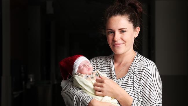 Maci Marusarz 12 weeks with mum Tahlia Evans at the Royal Hobart Hospital. Maci will spend her first Christmas in hospital. Picture: NIKKI DAVIS-JONES