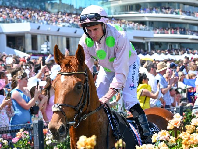 MELBOURNE, AUSTRALIA - NOVEMBER 07: Ryan Moore riding Vauban before unplaced finish in Race 7, the Lexus Melbourne Cup,  during Melbourne Cup Day at Flemington Racecourse on November 07, 2023 in Melbourne, Australia. (Photo by Vince Caligiuri/Getty Images)