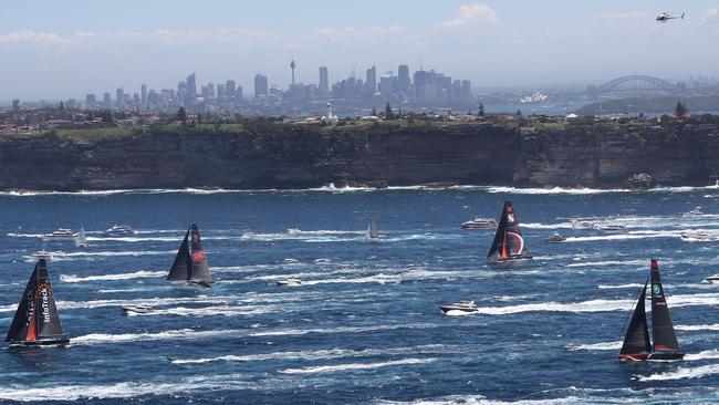 The fleet headliners during the start of the last Sydney to Hobart yacht race. Pic: Brett Costello