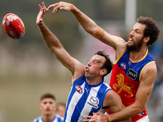 ADELAIDE, AUSTRALIA - APRIL 15: Todd Goldstein of the Kangaroos and Darcy Fort of the Lions compete for the ball during the 2023 AFL Round 05 match between the Brisbane Lions and the North Melbourne Kangaroos at Adelaide Hills on April 15, 2023 in Adelaide, Australia. (Photo by Michael Willson/AFL Photos via Getty Images)