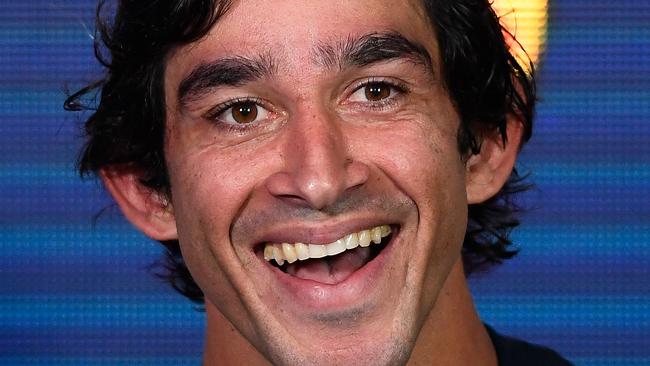 TOWNSVILLE, AUSTRALIA — AUGUST 24: Johnathan Thurston of the Cowboys laughs at the post match media conference at the end of during the round 24 NRL match between the North Queensland Cowboys and the Parramatta Eels at 1300 SMILES Stadium on August 24, 2018 in Townsville, Australia. (Photo by Ian Hitchcock/Getty Images)