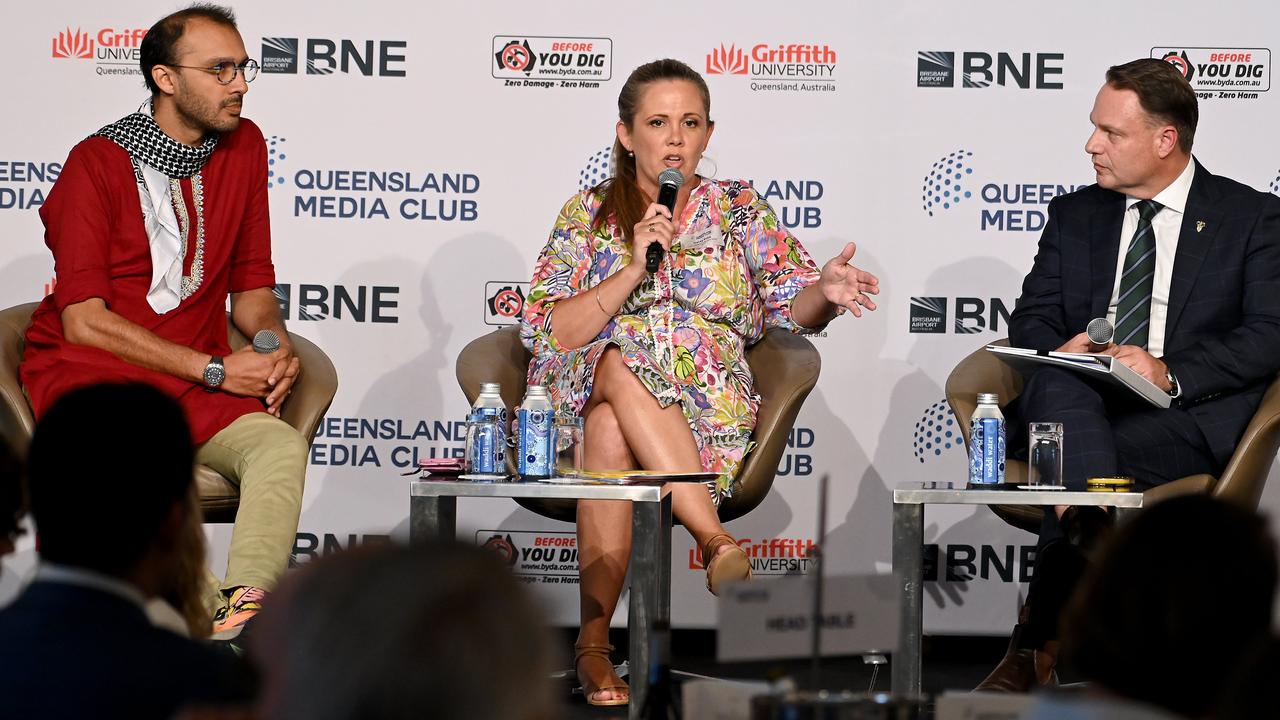 Greens candidate Jonathan Sriranganathan, Labor candidate Tracey Price, and incumbent LNP Lord Mayor Adrian Schrinner at a debate ahead of the election.