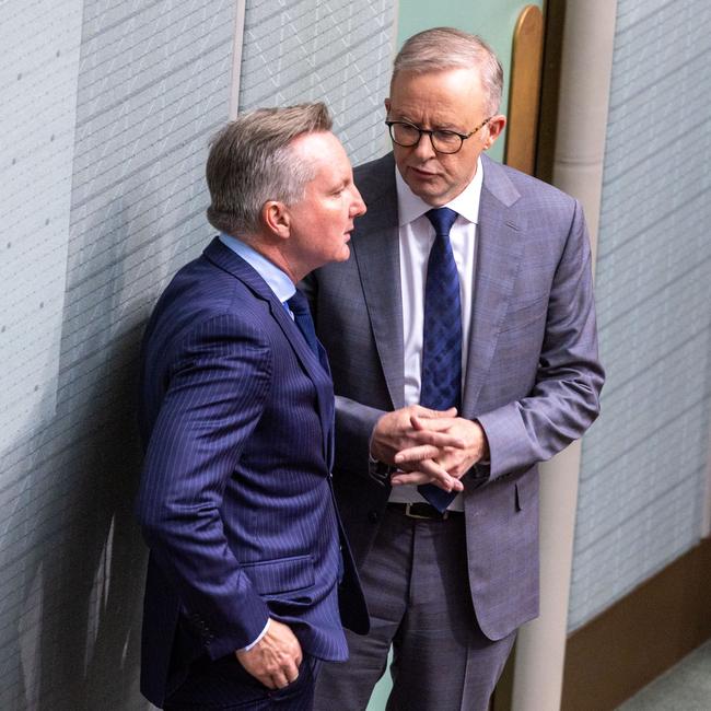 Chris Bowen and Prime Minister Anthony Albanese during Question Time in the House of Representatives in Parliament House in Canberra. Picture: NCA NewsWire / Gary Ramage