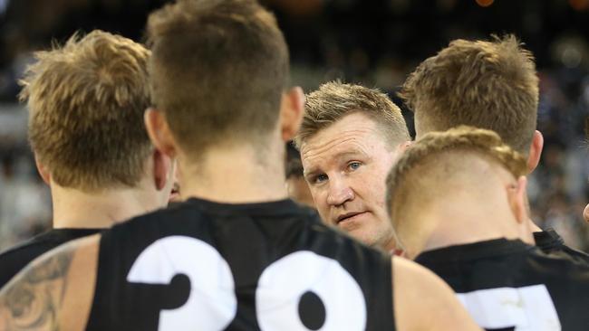 Nathan Buckley talks with Jeremy Howe. Picture: Wayne Ludbey