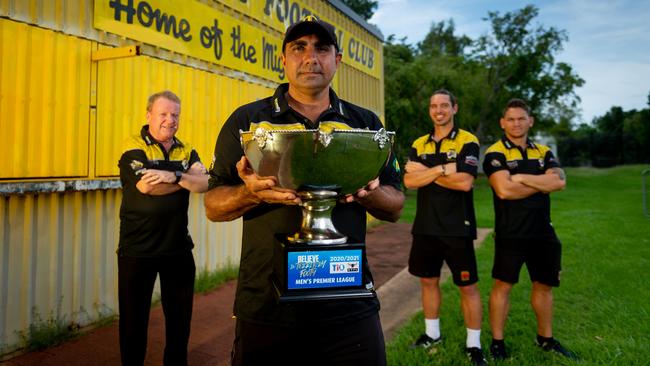 Then club president, Mark Dodge with outgoing Coach Chris Baksh, playing assistant coach Cameron Ilett and former captain Phillip Wills after the side’s 20-21 Premiership. Picture: Che Chorley