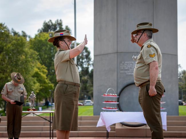 Deputy Chief of Army, Major General Natasha Fox, AM, CSM, presents Corporal Michael Stoop with the Jonathan Church Good Soldiering Award during the Australian Army's 122nd birthday activities at Russell Offices in Canberra on Wednesday, 01 March 2023. Picture: Department of Defence