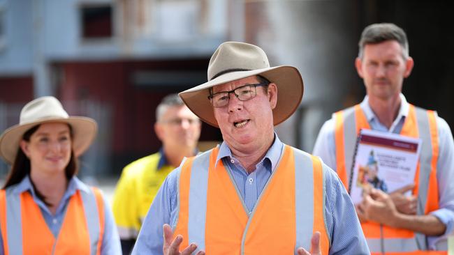 Queensland member for Rockhampton Barry O’Rourke speaks as he and Premier Annastacia Palaszczuk visit the Old Rockhampton Train Workshop in Rockhampton, while on the election campaign trail. Picture: NCA NewsWire / Dan Peled