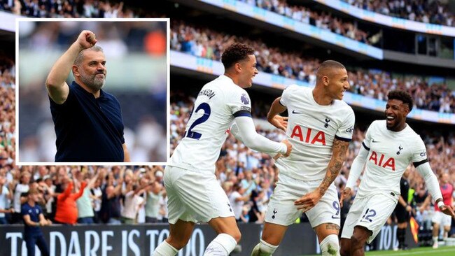 Spurs players celebrate and (inset) Ange Postecoglou. Photos: Getty Images