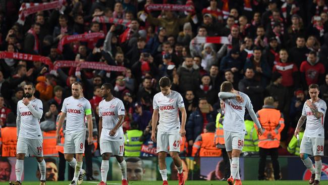 Spartak Moscow players after the 7-0 loss at Anfield.