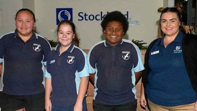 Shahamai Warcon, Rylie Delahoy and Zekey Mann of with Ebony Fattore, Assist Marketing Manager at Stocklands which provided a community grant for Keppel Sands School's garden. Picture: Jann Houley