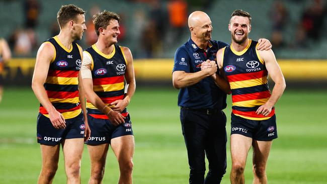 Nicks celebrates with Brad Crouch after beating GWS last year. Picture: Daniel Kalisz/Getty Images