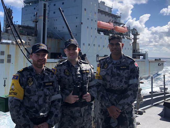 RAN Sub Lieutenant Cameron McCabe and Midshipman Sam Mathwin, with MIDN Paul Ulakai from the Tongan Navy. Picture: Supplied