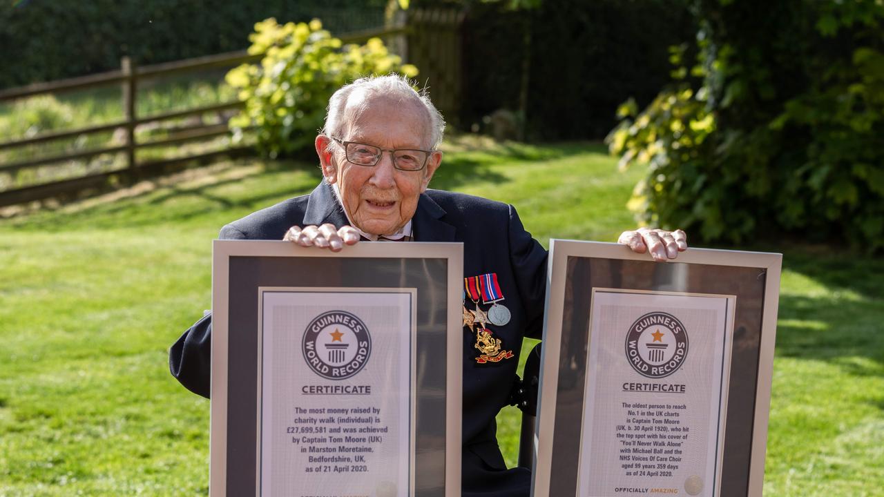 Captain Tom Moore has won two world records in as many weeks. First, he broke the record for the most money raised by charity walk (individual) and he also broke the record for the oldest person to reach number one in the UK charts. Picture: Emma Sohl/GUINNESS WORLD RECORDS/AFP