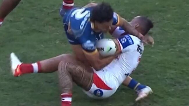 The tackle on Haze Dunster by Tyrell Fuimaono.