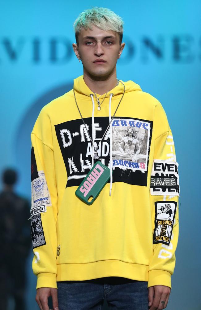 Star model Anwar Hadid showcases designs by Diesel during the parade. Picture: Getty Images