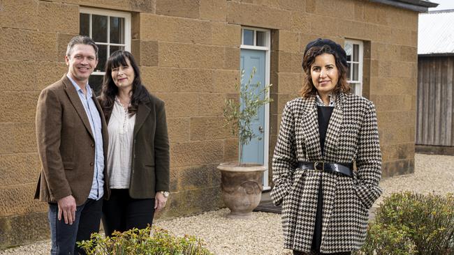 Homeowners Stu and Karen Miles with Grand Designs Transformations host Yasmine Ghoniem in Oatlands, Tasmania. Picture: Brad Harris