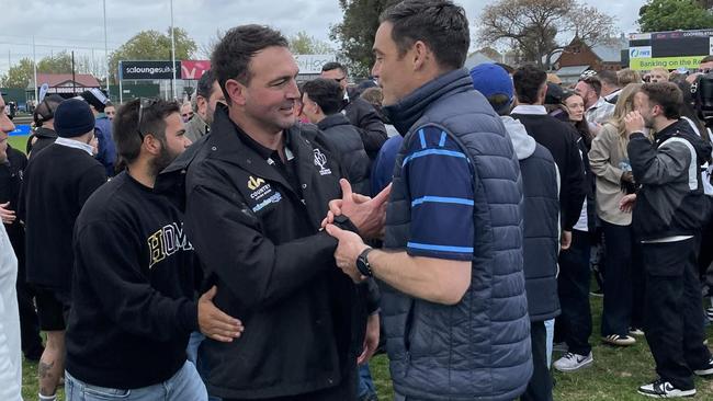 Grima congratulates Port District coach Josh Ramsey after Saturday's grand final. Picture: Daniel Renfrey