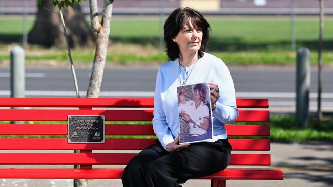 Sister of Gwen Grover, Sue Cole, pictured earlier this year at a red bench installed on Lake Street in memory of Gwen near where her sister died. Picture: Brendan Radke