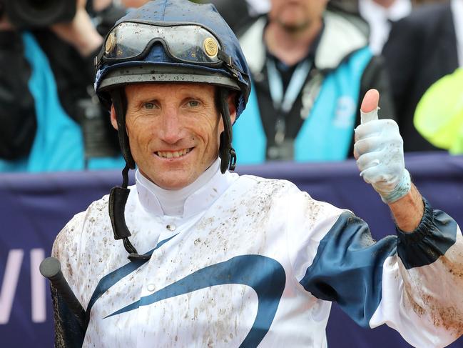 Victoria Derby Day races at Flemington. 02/11/2019. Race 2 The Wakeful Stakes over 2000 meters.   Damien Oliver returns to scale aboard Miami Bound after career number 73 career Cup Week winner . Pic: Michael Klein