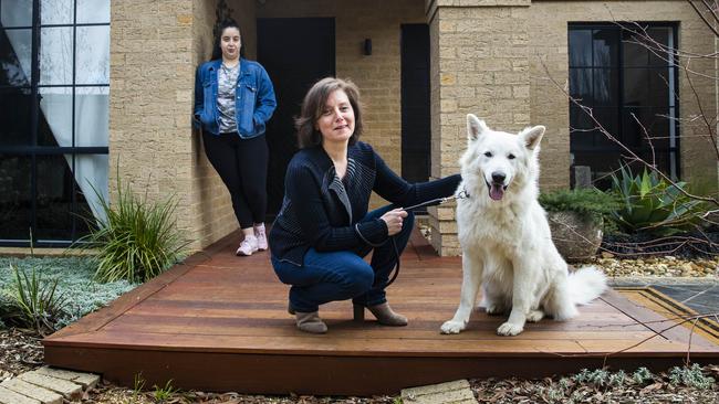 Maria Pavone with daughter Alessia and dog Roi. Picture: Aaron Francis/The Australian