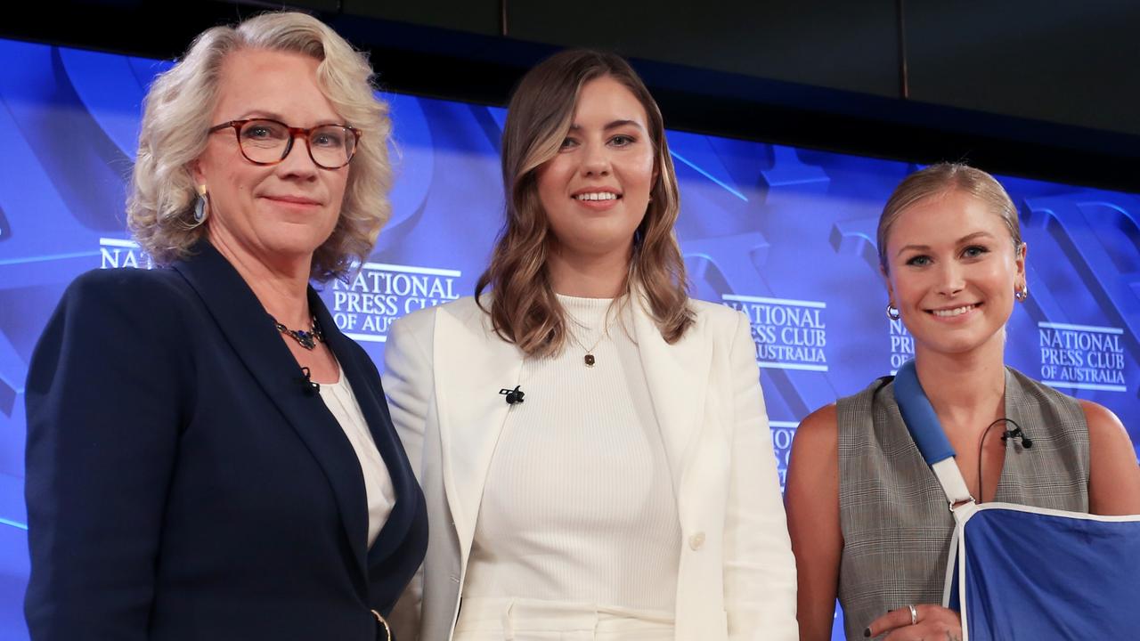 Ms Higgins’ speech she made at the National Press Club alongside Grace Tame is also being examined by the media law firm. Picture: Lisa Maree Williams/ Getty Images.