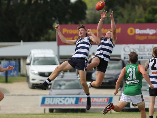 Pearcedale's Mitch Johnson takes a big mark over teammate Riley Bradshaw. Picture: Doug Farr