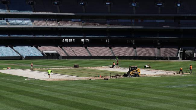 The grounds of the MCG being prepared for the cricket season. Picture: Alex Coppel