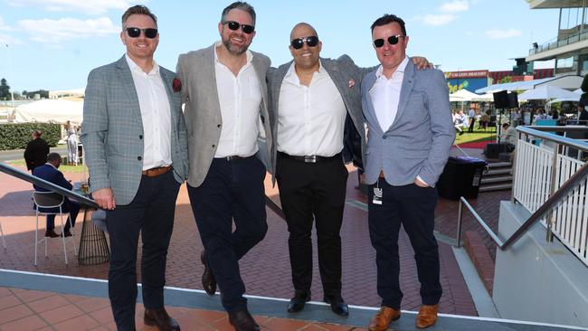 MELBOURNE, AUSTRALIA – OCTOBER 16 2024 Josh, Joel, Chris and Mohammed at the Caulfield Social race day at Caulfield racecourse on Wednesday 16th October, 2024 Picture: Brendan Beckett