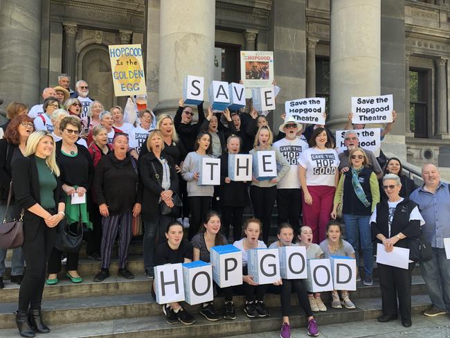 Protestors including Labor MP for Reynell Katrine Hildyard andOnkaparinga Mayor Erin Thompson at a rally at Parliament House to secure ongoing funding for the Hopgood Theatre in Noarlunga Centre.