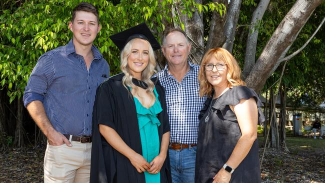 Daniel Mills, Morgan Mills, Daryl Chaplin and Barbara Chaplin at the 2025 Graduation ceremony held at Charles Darwin University on May 20, 2025. Picture: Pema Tamang Pakhrin